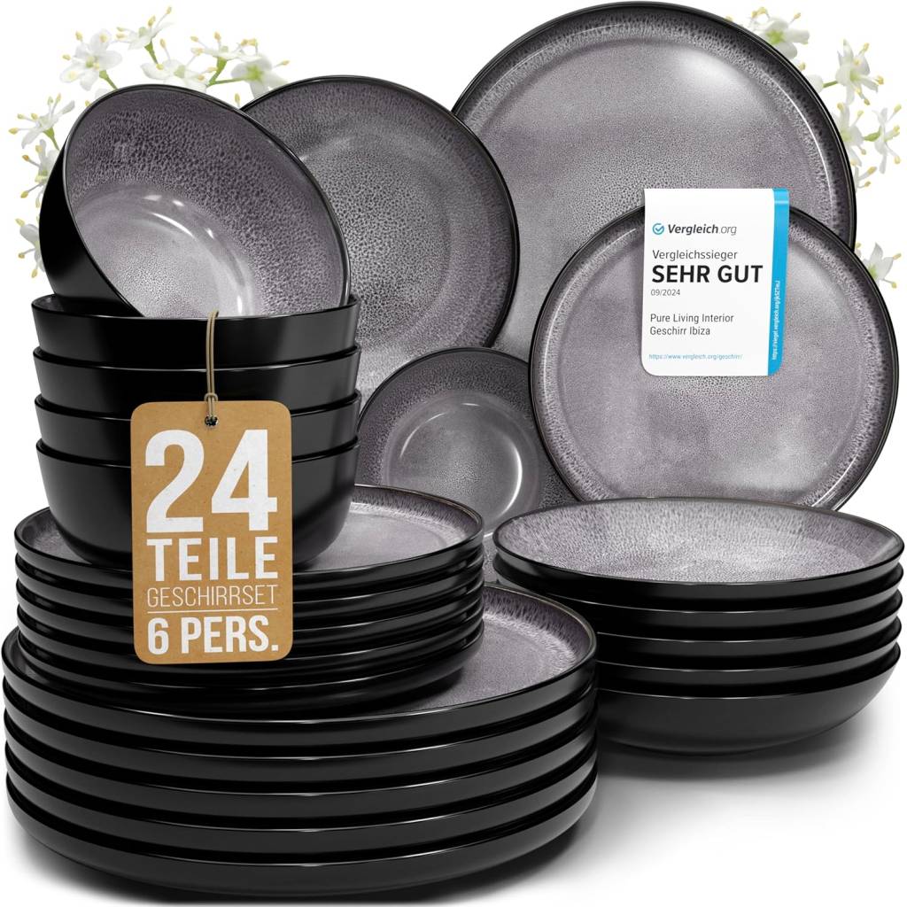 Steingut Geschirrset Ibiza 24-tlg für 6 Personen – mediterranes Tafelservice in Grau