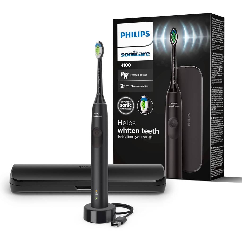 Philips Sonicare 4100 – elektrische Zahnbürste mit Optimal White Bürstenkopf (Schwarz)