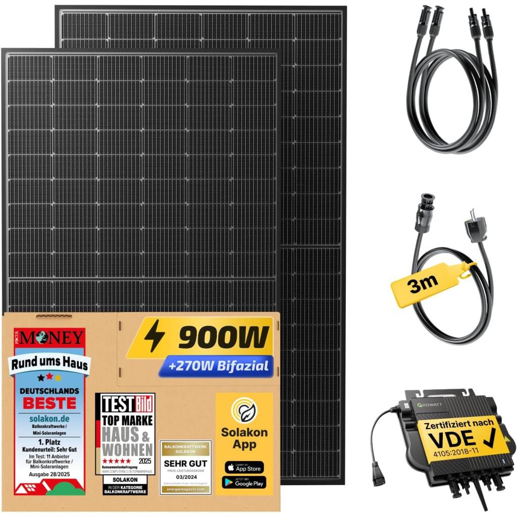 Balkonkraftwerk 800W Komplettset – 1000Wp Solaranlage mit bifazialen Modulen & Zubehör