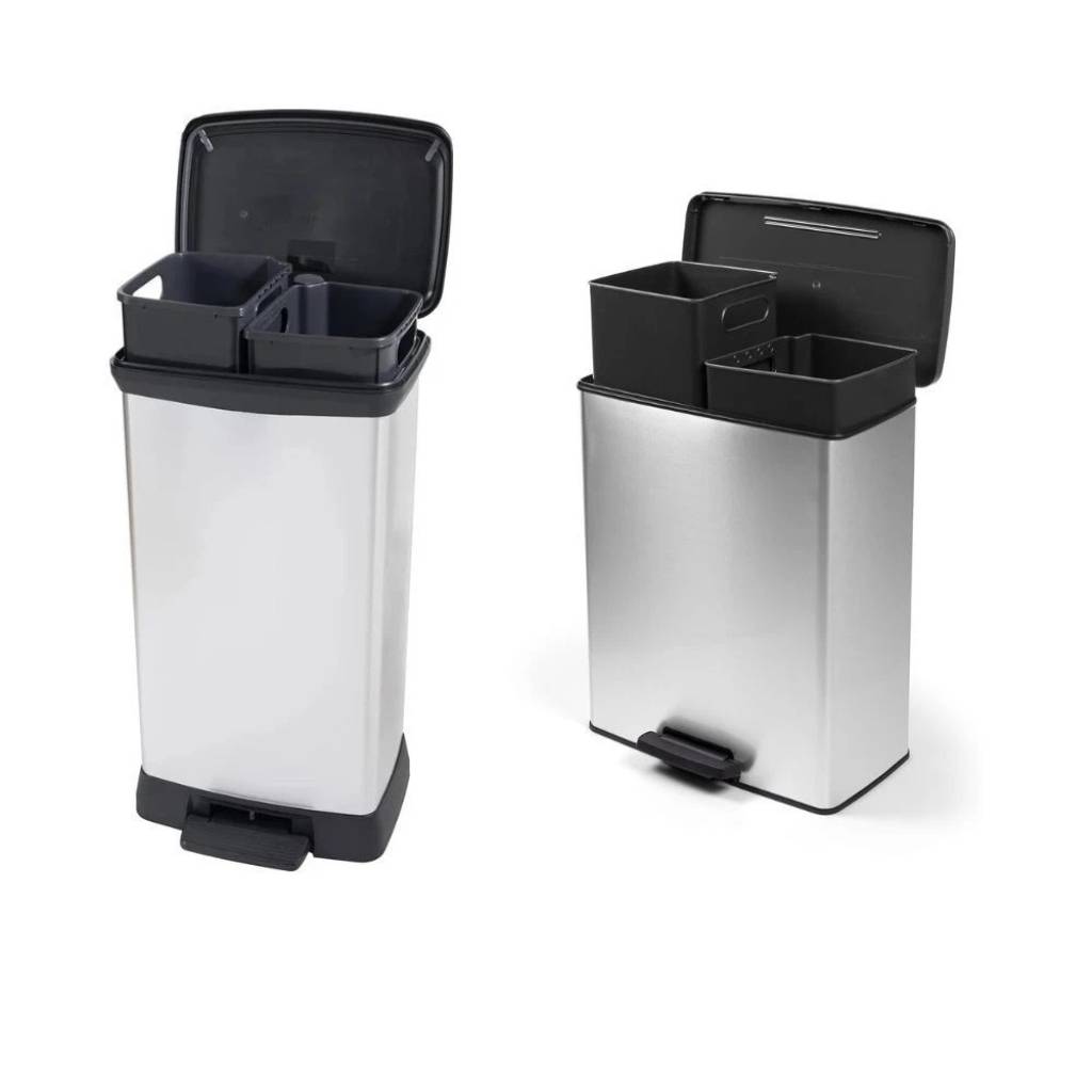 Curver Treteimer 46–52L in Silber – Abfalleimer mit Pedal & Mülltrennung im modernen Design