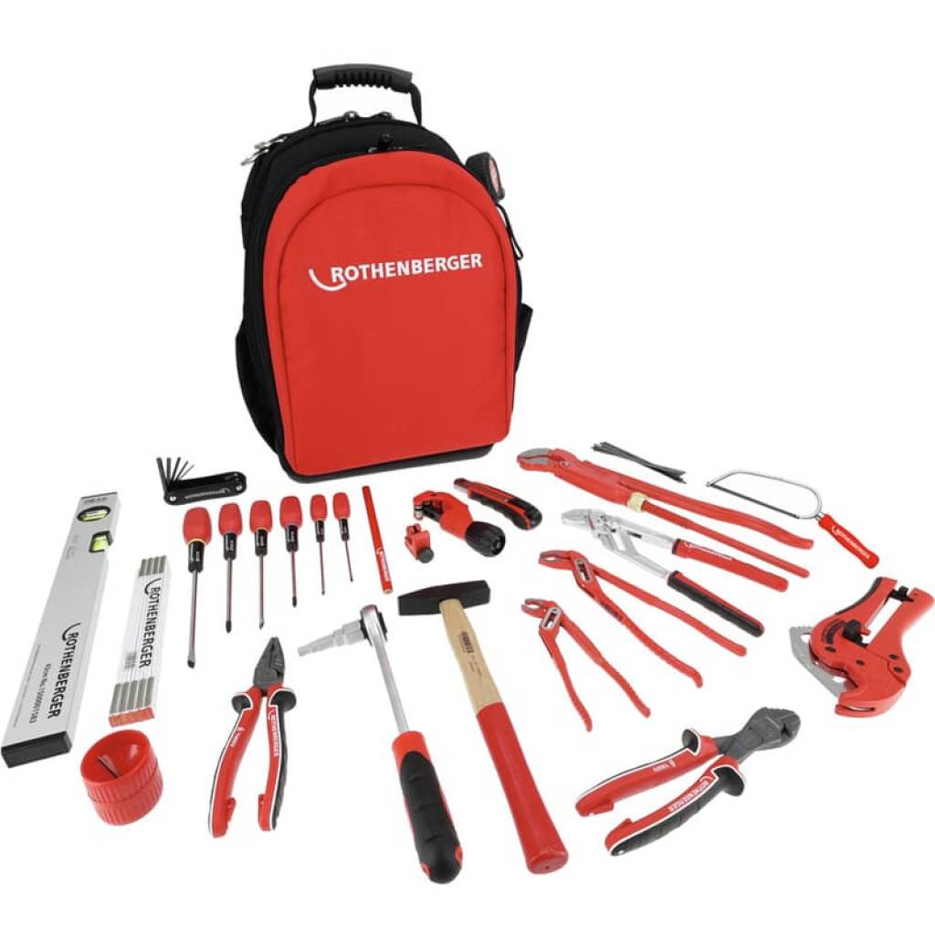 Rothenberger Profi-Werkzeugset 34-tlg. im Rucksack für Heizung, Sanitär & Klima inkl. Bosch GSR 18V-55