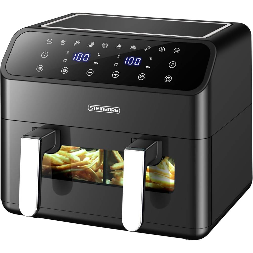 Heißluftfritteuse 2 Kammern 8 L – Dual Air Fryer XXL mit Grill-, Back- und Dörrfunktion