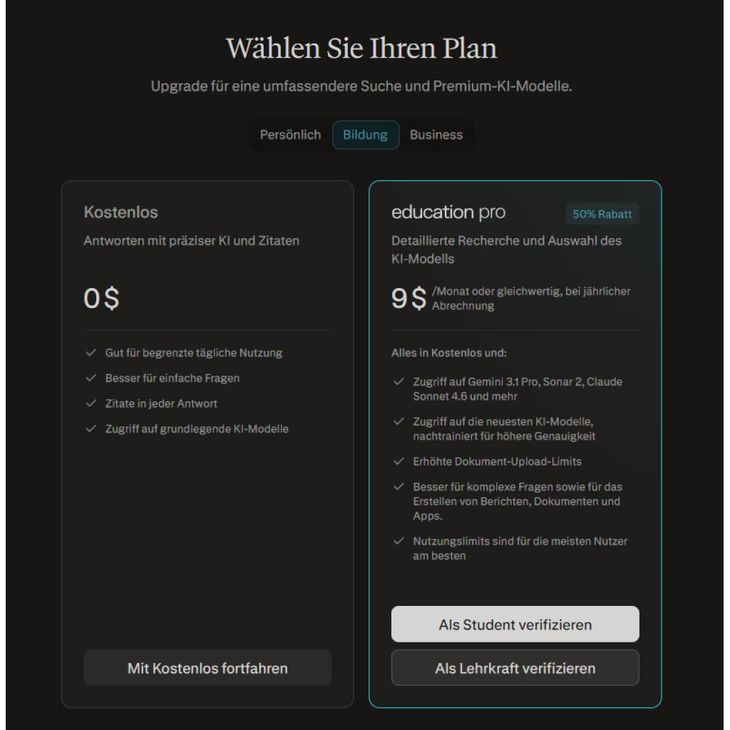 Perplexity Pro (Studenten/Lehrkräfte) – KI-Recherche-Tool mit 50% Rabatt dauerhaft ab 9€/Monat