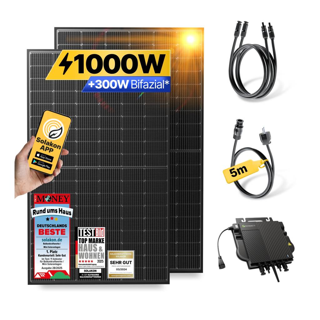 Balkonkraftwerk 1000W Komplettset – 800W WLAN Solaranlage steckerfertig mit 5 m Kabel