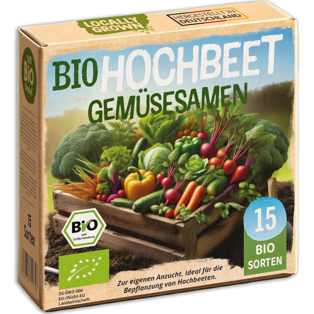 Bio Hochbeet Gemüsesamen Set mit 15 Sorten  – samenfestes Saatgut mit Aussaatkalender