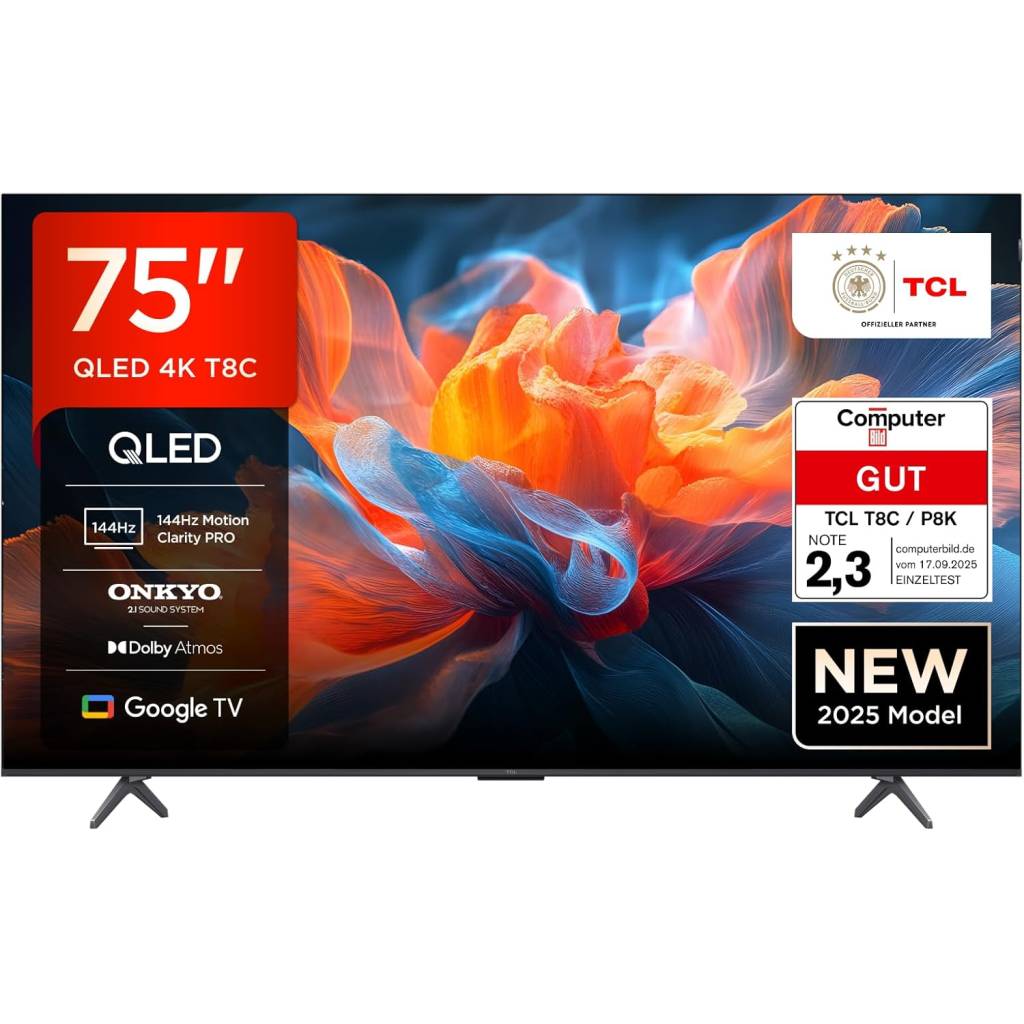 TCL 75T8C 75 Zoll QLED 4K HDR UHD Fernseher, Smart Google TV Dolby Vision Atmos,144Hz Motion Clarity Pro, Game Bar, ALLM, FreeSync, Onkyo 2.1 Sound,Sprachsteuerung, Kompatibel mit Google Assistant