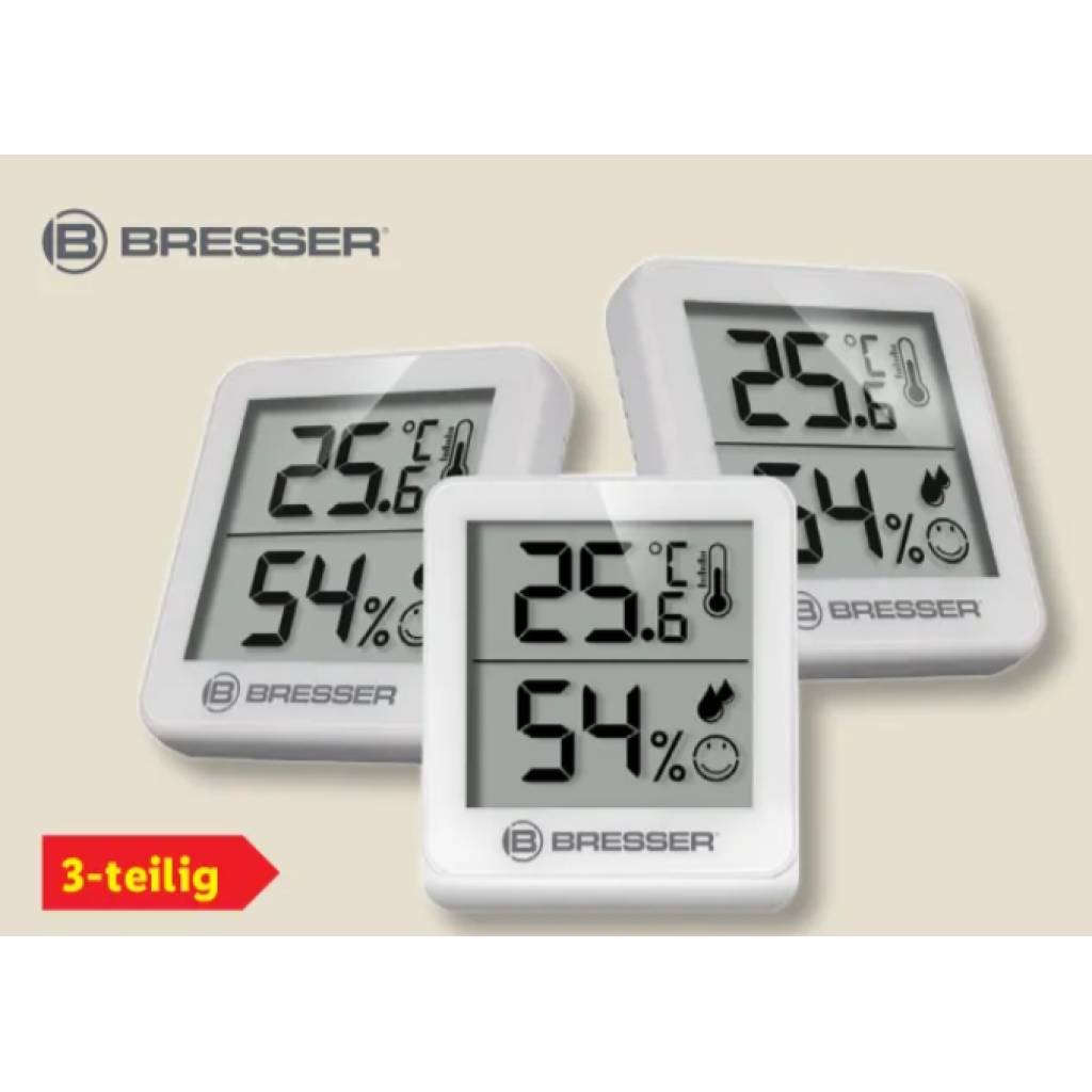 Bresser Thermometer Hygrometer 3er Set – digitales Raumthermometer zur Luftfeuchtigkeitskontrolle