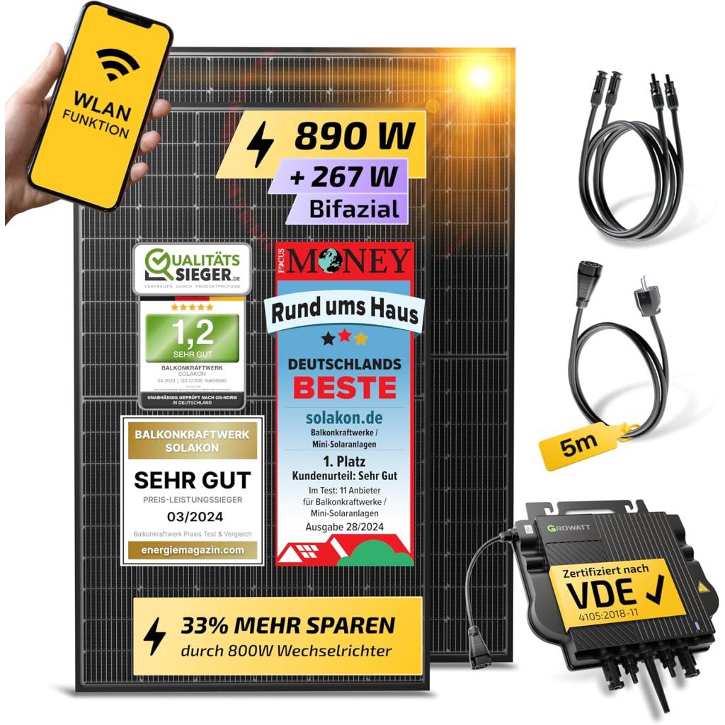 Solakon 900W Balkonkraftwerk – 800W Komplettset mit bifazialen Solarmodulen & WLAN