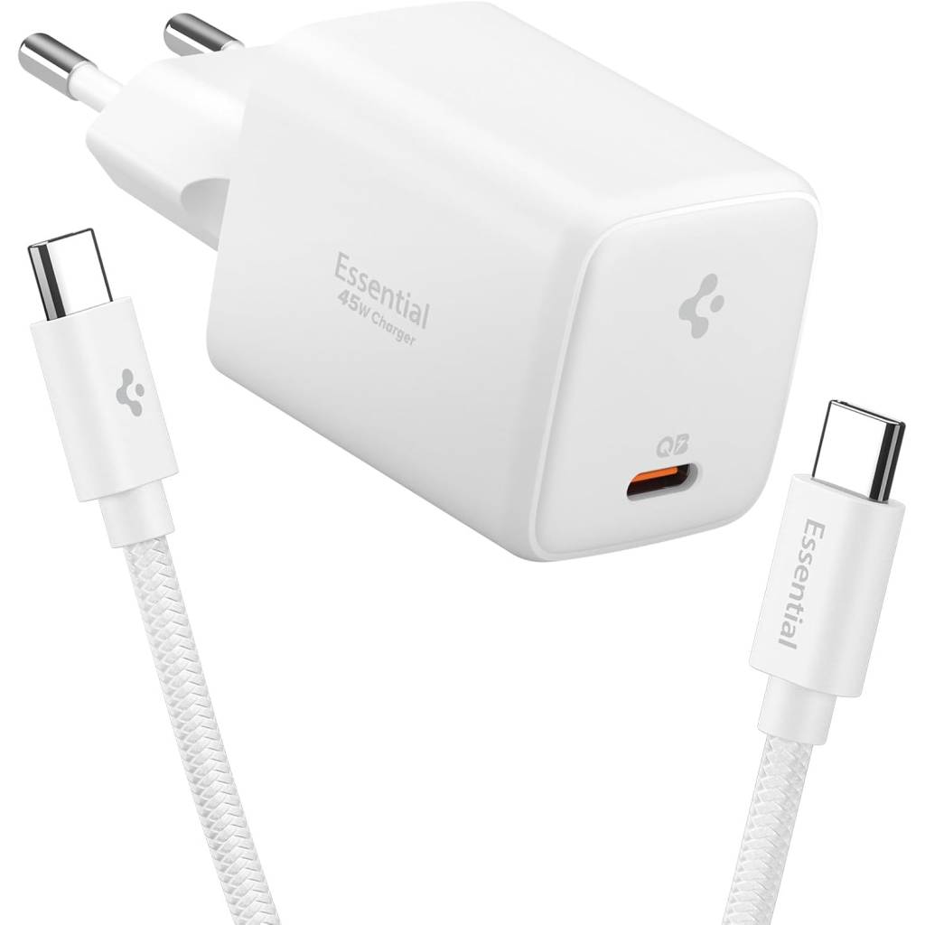 Spigen ArcStation Essential GaN 45 W USB-C Ladegerät – inkl. 100 W E-Marker Kabel, Schnellladung (Weiß)