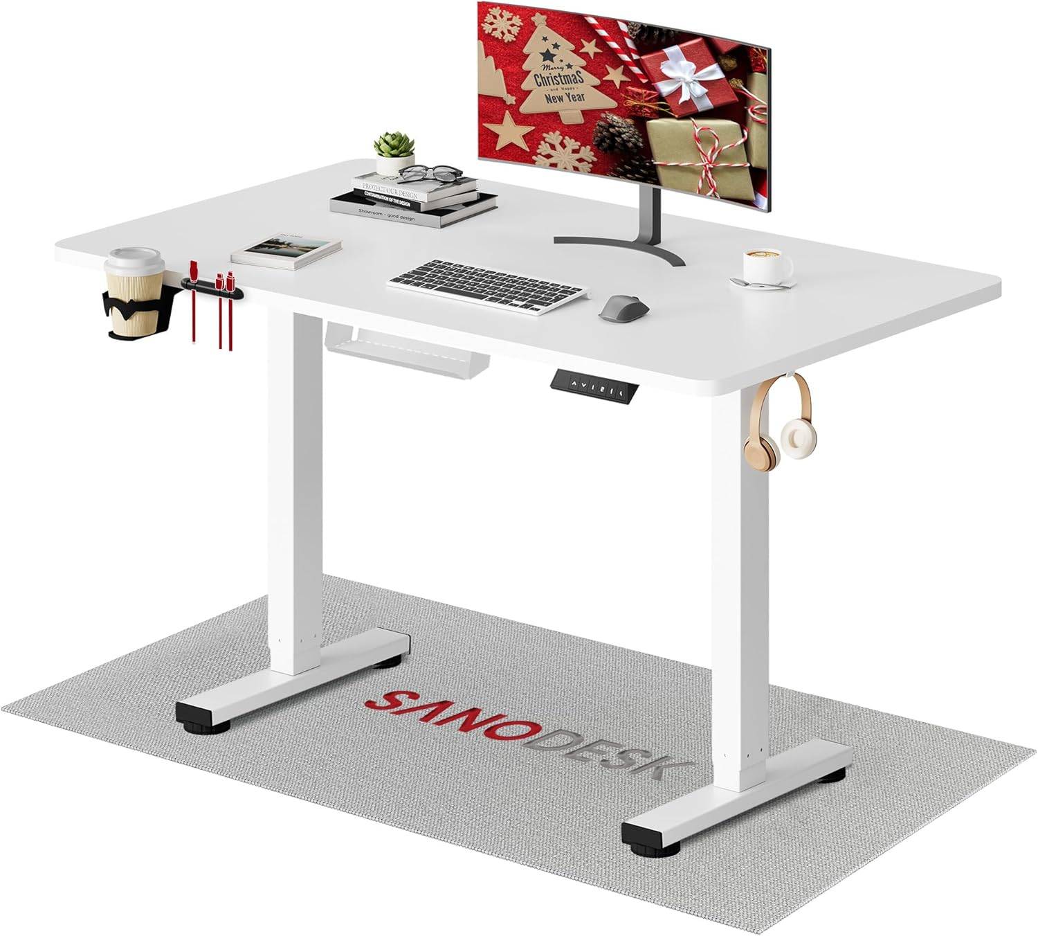 SANODESK Höhenverstellbarer Schreibtisch 110 × 54 cm – kompakter Standing Desk (Weiß & Schwarz)