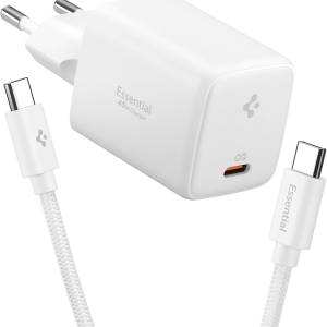 Spigen ArcStation Essential GaN 45 W USB-C Ladegerät – inkl. 100 W E-Marker Kabel, Schnellladung (Weiß)